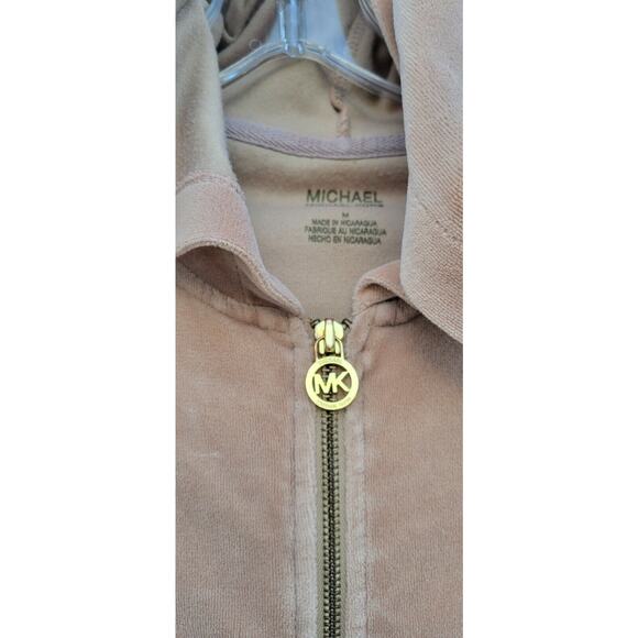 Vintage Michael Kors Y2K Velour Jacket Medium Tan Ruched Sleeve Full Zip Hoodie - Picture 3 of 4